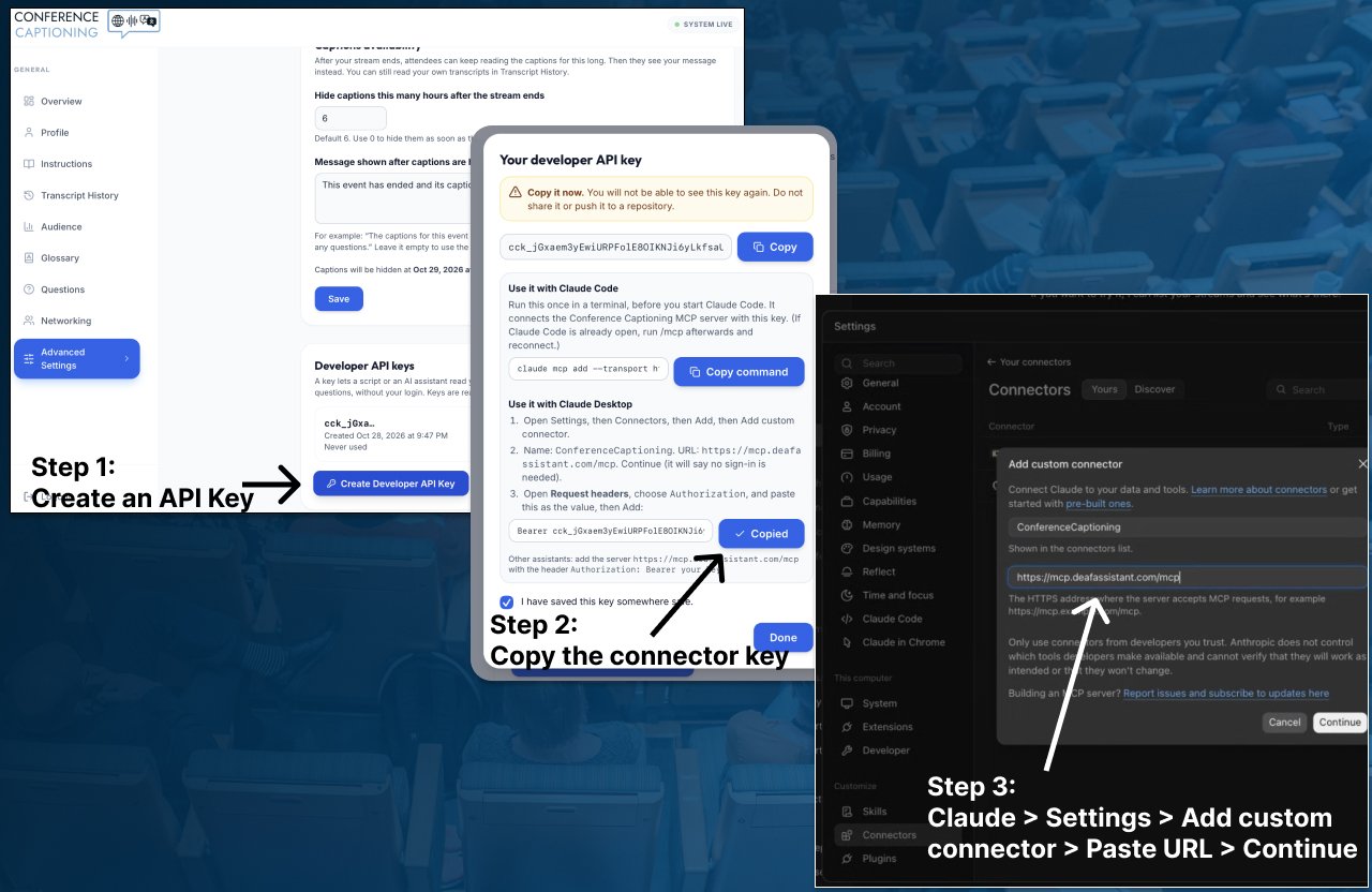 Three screenshots: the portal Advanced Settings page with the Create Developer API Key button, the key dialog with the copy button for the Claude connector value, and Claude Desktop's Add custom connector window with the server address filled in