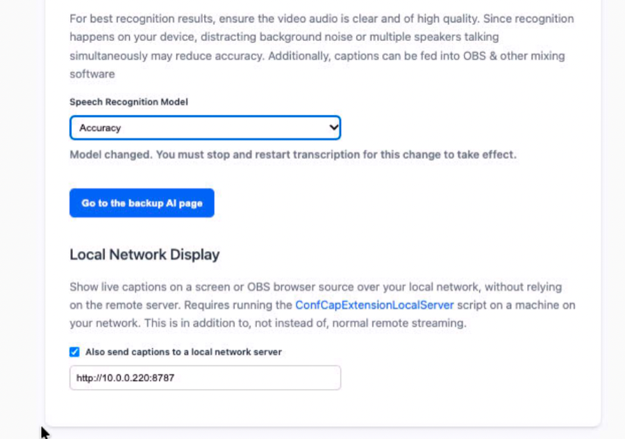 Screenshot of the dashboard's Speech Recognition Model dropdown and the Local Network Display setting
