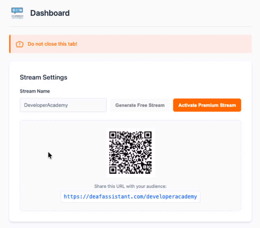 Screenshot of the extension dashboard with the Stream Name, Generate Free Stream and Activate Premium Stream buttons, and a QR code to share with attendees