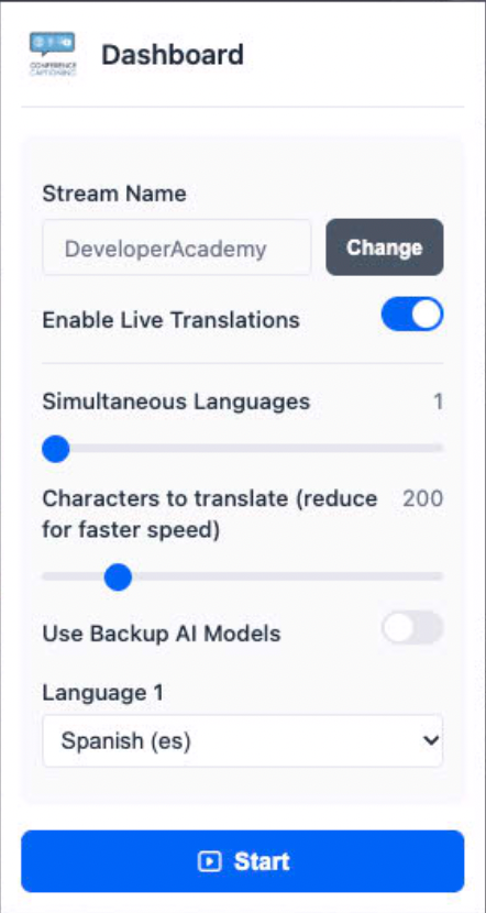 Screenshot of the ConferenceCaptioning extension window with the stream name, a Change button, live translation settings and a Start button