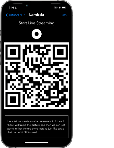 Screenshot of the app on the speaker or organizer's device, containing the event QR code and transcript